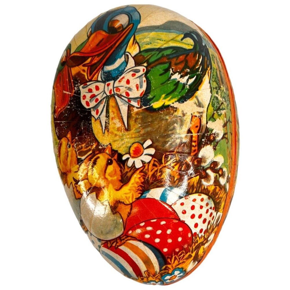 Vintage German Paper Mache Egg Candy Container 6” Doily Trim Ducks With Babies - Picture 3 of 12